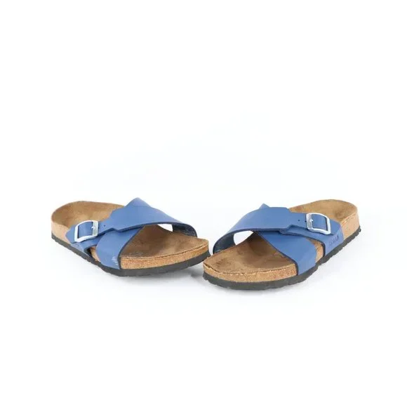 Vintage Birkis Birkenstock Womens 6 Distressed Leather Cross Strap Sandals Blue - Picture 1 of 10